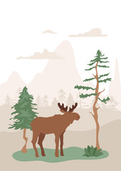 Moose in forest, pine trees and hills on background. Vector abstract illustration with landscape and cloven-hoofed mammal wild animal. Card, banner, poster for nature, environment, wildlife projects