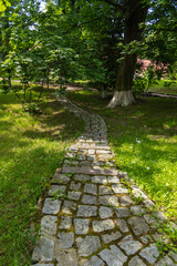 Small park on the territory of the Juditten Church in the middle of the day