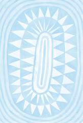 Light blue tribal triangles circle watercolor texture. Ethnic raster background.