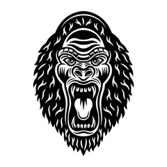 Gorilla head with open mouth vector monochrome illustration isolated on white background