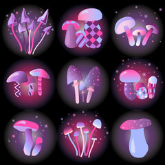 Magic unreal mushrooms set. Vector Illustration of space. Details for games and mobile applications