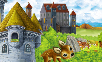 cartoon kingdom castle mountain forest farm illustration