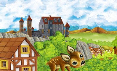 cartoon kingdom castle mountain forest farm illustration
