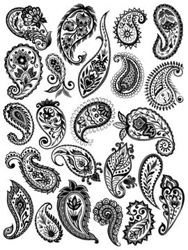Set of paisley eastern outline flower and feather mandala folk henna tattoo blackelements on white background