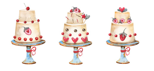 Cute baked cakes for anniversary, birthday, baby shower. Confectionery watercolor hand drawn set with cherries, strawberry, chocolate pie on a stand with a ribbon.