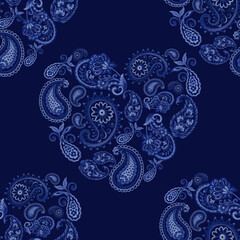 Set of paisley blue indigo eastern outline heart mandala folk henna tattoo textile texture fabric paper print background backdrop