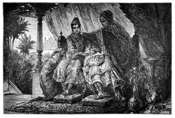 Aristocratic noblewoman begum from Bhopal, India with daughter. Culture and history of Asia. Vintage antique black and white illustration. 19th century.