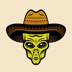 Alien head in sombrero hat vector illustration in colorful cartoon style isolated on light background