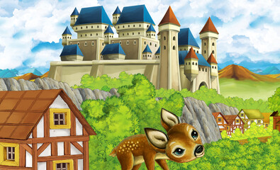 cartoon kingdom castle mountain forest farm illustration