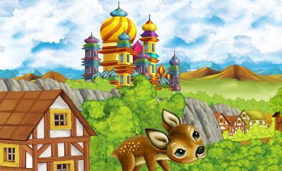 cartoon kingdom castle mountain forest farm illustration