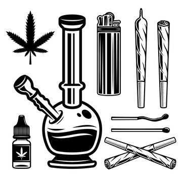 Marijuana set of vector objects in vintage black and white style. Bong, hemp leaf, spliff, lighter and other smoking tools