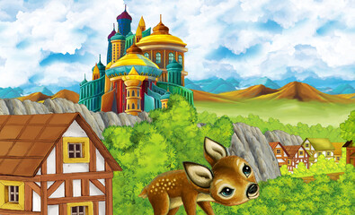 cartoon kingdom castle mountain forest farm illustration