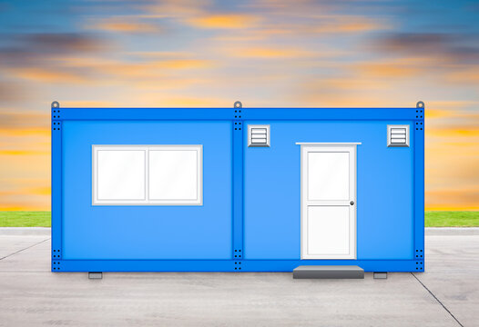 Portable Office Container Or Prefabricated Modular Building. That Mobile Workspace Or Temporary Work Area For Construction Site. Consist Of Metal Box, Door, Window And Ventilation Fan. Illustration.