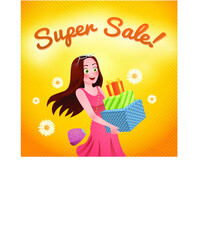 Super sale design with woman holding gift boxes