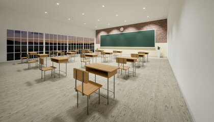 Classroom background. Room interior in school and empty board, blackboard or chalkboard, furniture, desk, table, wood floor. For teacher, student to teach, learn, seminar, meeting, training. 3d render