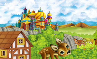 cartoon kingdom castle mountain forest farm illustration