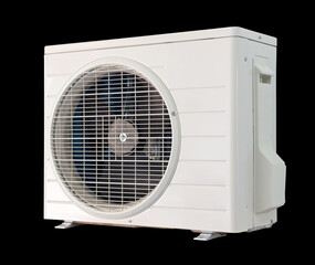 Condenser unit or compressor isolated on white background with clipping path. Unit of central air conditioner (AC) or heating ventilation air conditioning system (HVAC). Electric fan and pump inside.