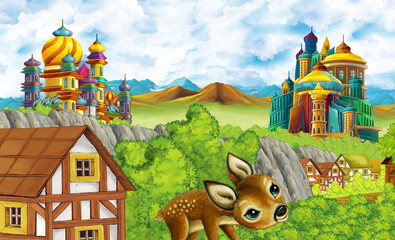 cartoon kingdom castle mountain forest farm illustration