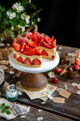 tasty homemade strawberry cake fraisier with biscuits and lot of white cream on wooden cake stand on rustic table with flowers, vintage forks, copper cups