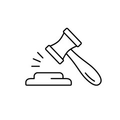 Gavel. Linear icon of law hammer with stand. Black simple illustration of court hearing, legal dispute resolution, judgment. Contour isolated vector pictogram on white background