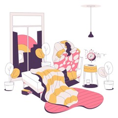 Sad and depressed woman with insomnia unable to wake up in the morning. Vector concept character in bedroom interior drawn with pink and yellow with alarm clock ringing