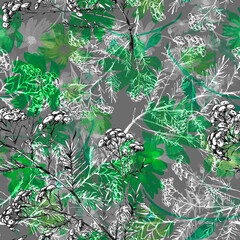 Vintage seamless watercolor pattern of plants. Herbs, chamomile watercolor. Tansy, immortelle, mimosa.green  flowers cornflowers, chamomile. Field and garden flowers