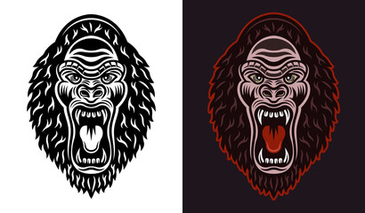 Gorilla head with open mouth vector black and colorful illustration two styles