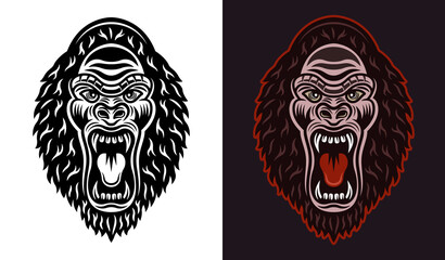 Gorilla head with open mouth vector black and colorful illustration two styles