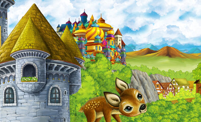 cartoon kingdom castle mountain forest farm illustration