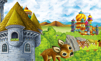 cartoon kingdom castle mountain forest farm illustration