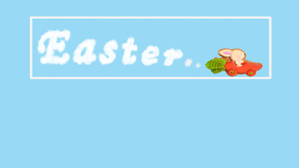 . Easter greeting. Easter bunny on a car in the form of a carrot, an inscription from the clouds. The concept of the coming Easter holidays.