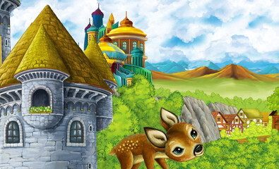 cartoon kingdom castle mountain forest farm illustration