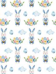 Seamless Easter pattern, Easter bunnies, pattern for textiles, cards, watercolor illustration