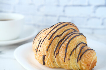 fresh baked croissant on plate with copy space 