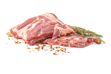 Raw pork ribs are isolated on a white background.Selective focus