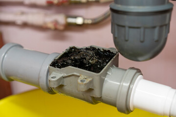 Plumbing, kitchen check valve clogged, yellow basin and debris clogging up the pipe