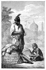 Juggler with son, India. Culture and history of Asia. Vintage antique black and white illustration. 19th century.