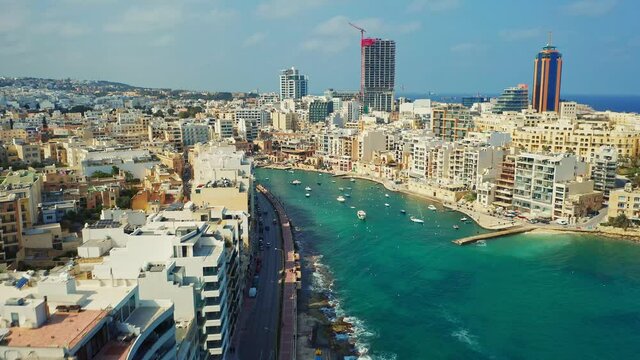 Aerial view of St. Julians city, Balluta Bay Beach. Maltese island