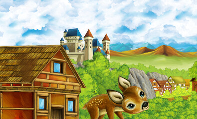 cartoon kingdom castle mountain forest farm illustration