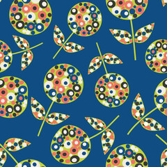 Abstract allium flower seamless vector pattern background. Midcentury modern flowers with bejewelled effect circle shapes on navy blue backdrop. Chic retro floral botanical repeat for wellbeing