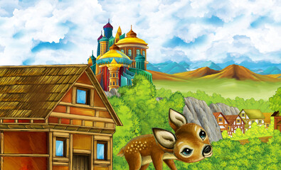 cartoon kingdom castle mountain forest farm illustration