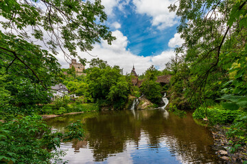 Pyrmonter Mühle at Elzbachfall with the castle in the background, Germany.