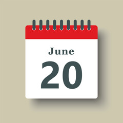 Icon day date 20 June, template calendar page