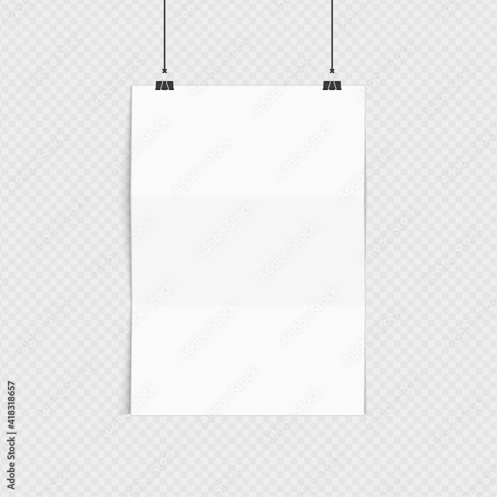 Poster empty white a4 sized vector paper mockup hanging with paper clips. realistic vertical poster mock-up