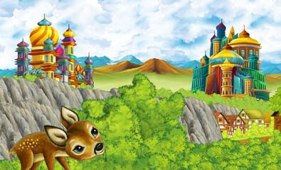 cartoon kingdom castle mountain forest farm illustration