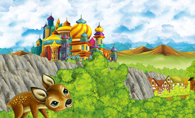 cartoon kingdom castle mountain forest farm illustration