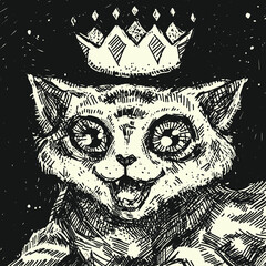 Cat in a crown. Digitally drawn illustration. Graphic style. Can be used as tattoo, print or background. 