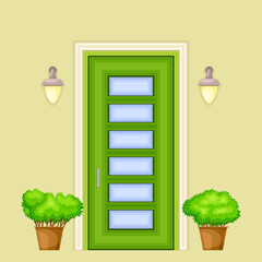 Green Single Door Facade Decorated with Green Bushes in Cachepot and Light Vector Illustration