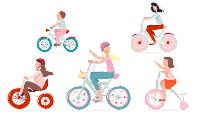 Children of different ages ride bicycles in helmets. Fun outdoor activities. Vector illustration. A child driving a bicycle.
