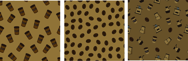 Vector set of 3 patterns on the theme of coffee